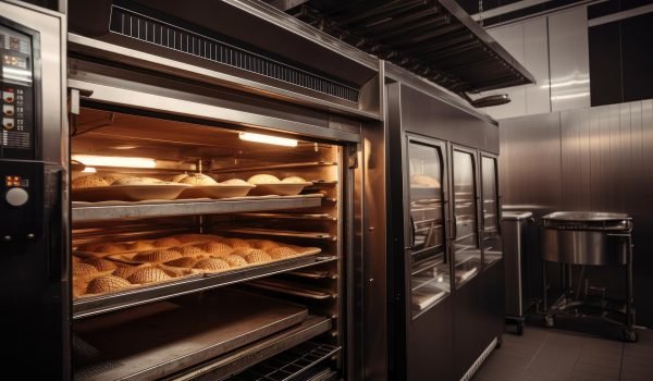 commercial oven with range, producing freshly baked bread and pastries, created with generative ai